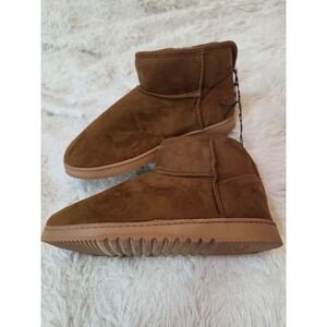 Dearfoams Warm Up Suede-Look Fur Lined Bootie Slippers Chestnut Women's L 9-10